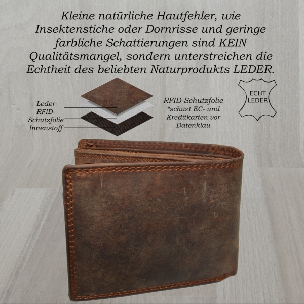 flevado Geldbeutel Wild Leder Herren Geldbörse Querformat Doppelnaht Braun und RFID Schutz